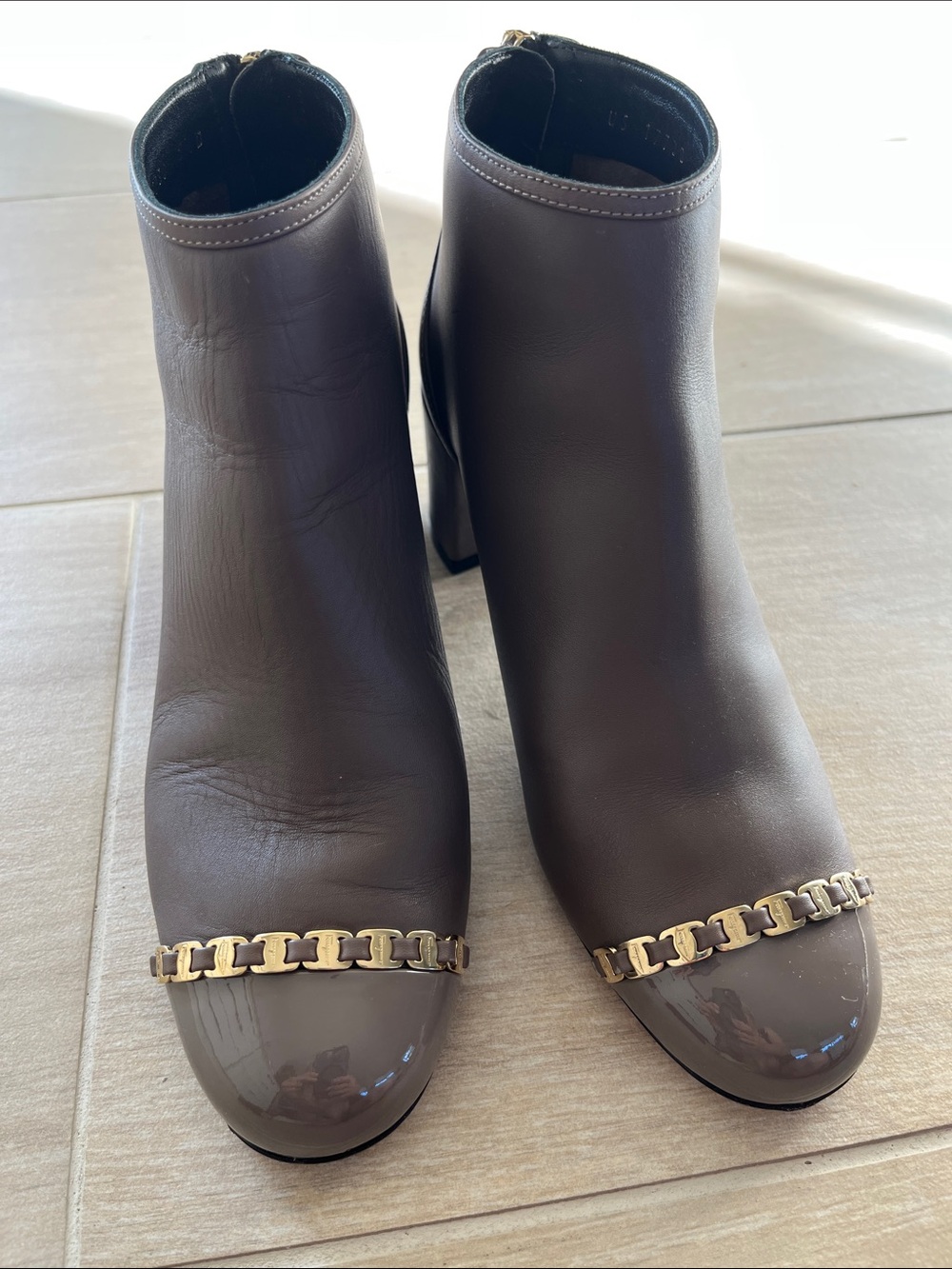Ferragamo Ankle Boots with Gold Chain Trim